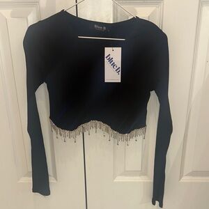 Black Long-Sleeve Crop Top with Beaded Fringe